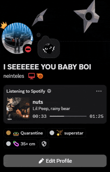 a screenshot of a person 's spotify profile that says ' i seeeee you baby boi ' on it