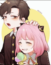 a girl with pink hair is holding an ice cream cone next to a man