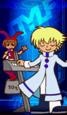 a cartoon of a boy playing a keyboard with the number 10 on a blue background