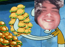a cartoon character holding a bunch of hamburgers next to a picture of a man