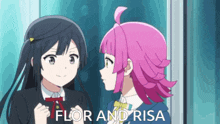 two anime girls are standing next to each other and the words flor and risa are on the bottom right