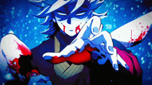 a blue haired anime character with blood on his hands