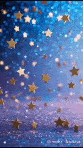 a bunch of gold stars are flying in the air on a blue background .