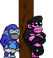 a pixel art of two gorillas standing next to a tree