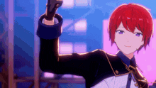 a boy with red hair and purple eyes is wearing a black suit and gloves .