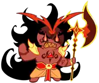 a cartoon drawing of a demon holding an axe and a wand
