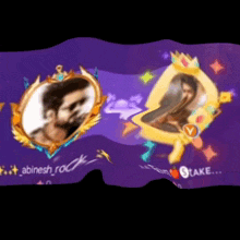 a purple background with a picture of a man and a picture of a woman in a gold frame