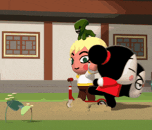 a cartoon character is riding a scooter next to a girl