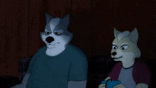 two furry cartoon characters are sitting on a couch and one is playing a video game