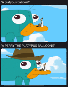 a perry the platypus balloon with a man sitting on top of it