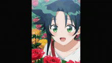 a girl with green eyes stands in front of a bunch of red roses