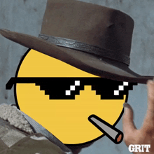 a pixelated smiley face wearing a hat and sunglasses with the word grit written below it
