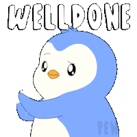 a blue penguin with the word welldone written on it