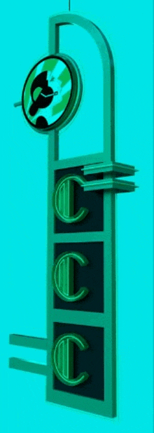 a green and black sign with the letter c on it is against a blue background .