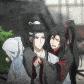 a couple of anime characters standing next to each other with one of them wearing a shirt with a chinese symbol on it
