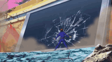 a man in a blue suit stands in front of a broken glass wall