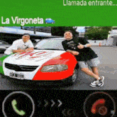 two men are standing in front of a car that says la virgoneta on it
