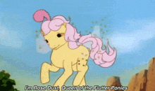 a cartoon pony says i 'm rose dust queen of the flutter ponies