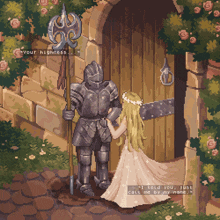 a pixel art illustration of a knight and a princess with the caption " your highness "