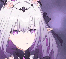 a close up of a anime girl with purple hair and a flower in her hair .