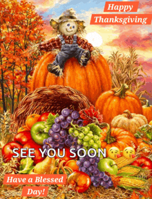 a scarecrow sits on top of a pumpkin surrounded by fruits and vegetables