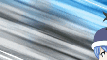 a cartoon character with blue hair and a white hat is flying through the air