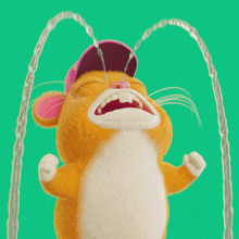 a hamster wearing a pink hat is crying with water coming out of its nose
