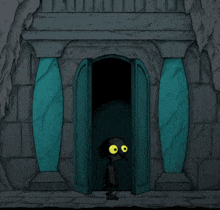 a cartoon character with yellow eyes stands in a dark room