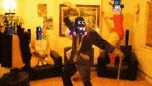 a man with a cane is dancing in a room