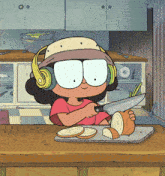 a cartoon of a girl wearing headphones cutting an onion