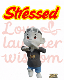 a cartoon character standing in front of a sign that says " stressed "