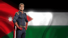 a man in a superhero costume stands in front of a flag of jordan