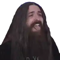 a man with long hair and a beard is sticking out his tongue and wearing a shirt that says d.y.c.