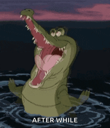 a cartoon crocodile is swimming in the water with its mouth open and the words after while below it .