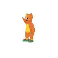 a cartoon bear with a yellow chest and green shoes