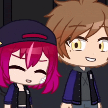 a boy and a girl are standing next to each other and the girl is wearing a jacket with the letter x on it