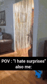 a room with a couch and a vase with the caption " pov : i hate surprises "
