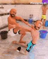 a cartoon of a man holding another man 's leg in a bathroom ..