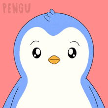 a blue penguin with a yellow beak is on a pink background with the word pengu on it