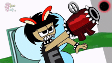 a cartoon character with the letter f on his pants