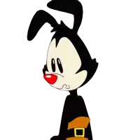 a black and white cartoon character with a red nose and a yellow belt
