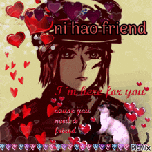 a picture of a girl surrounded by hearts with the words " i 'm here for you "