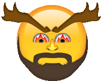 a yellow smiley face with a beard and antlers on it