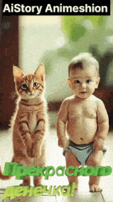 a baby and a cat are standing next to each other with aistory animeshion written above them