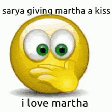 a cartoon smiley face is giving martha a kiss and holding a heart .