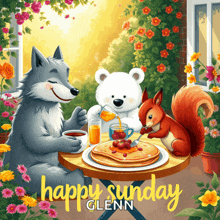 a happy sunday glenn greeting card with a wolf and squirrel eating pancakes
