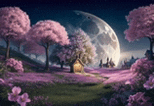 a painting of a house in a field of flowers with a full moon in the background .