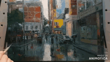 a person is painting a city street in the rain with umbrellas