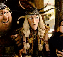 a group of cartoon characters with one wearing a helmet with horns on it