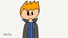 a cartoon of a man with orange hair and a blue shirt is standing in front of a white background .